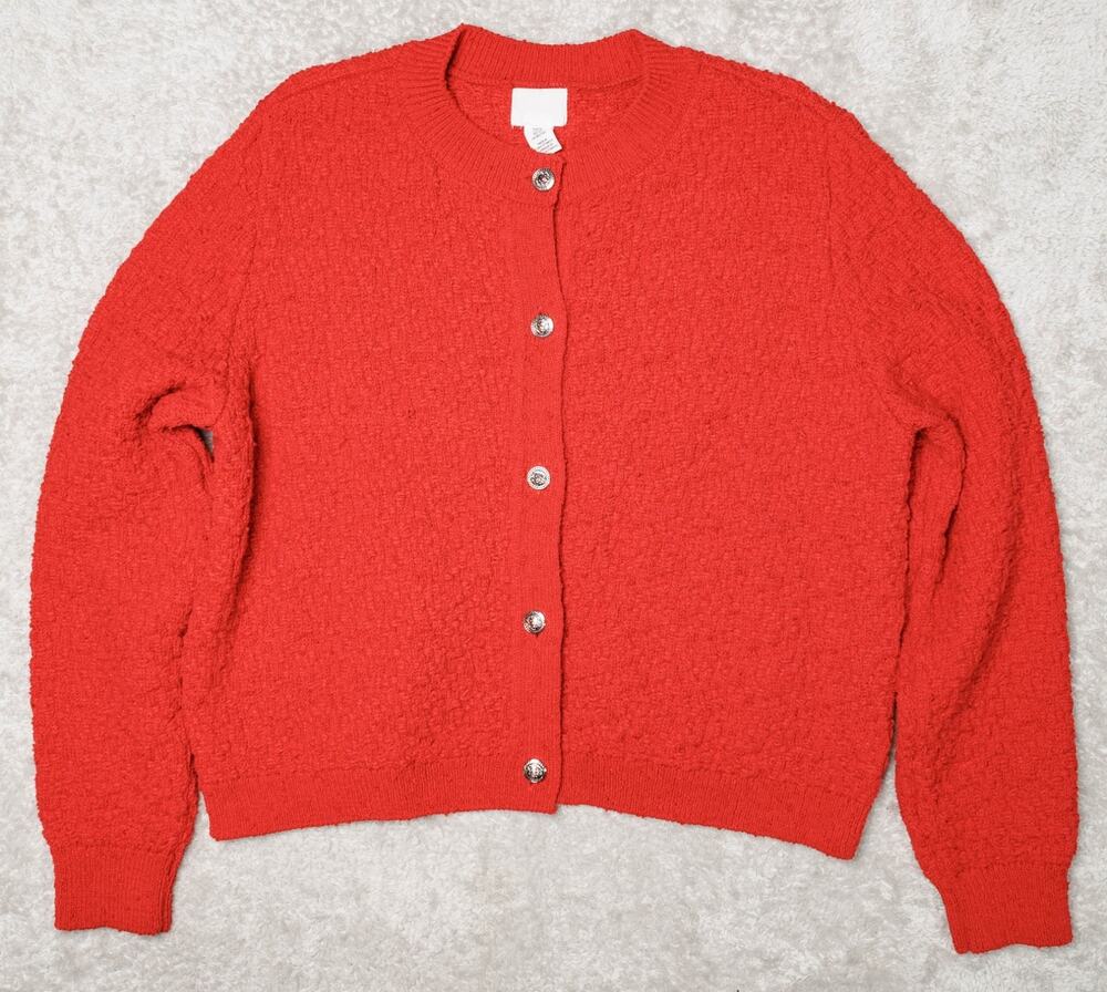 H&M Textured Knit Long Sleeve Red Cardigan Silver Buttons Womens Size XL